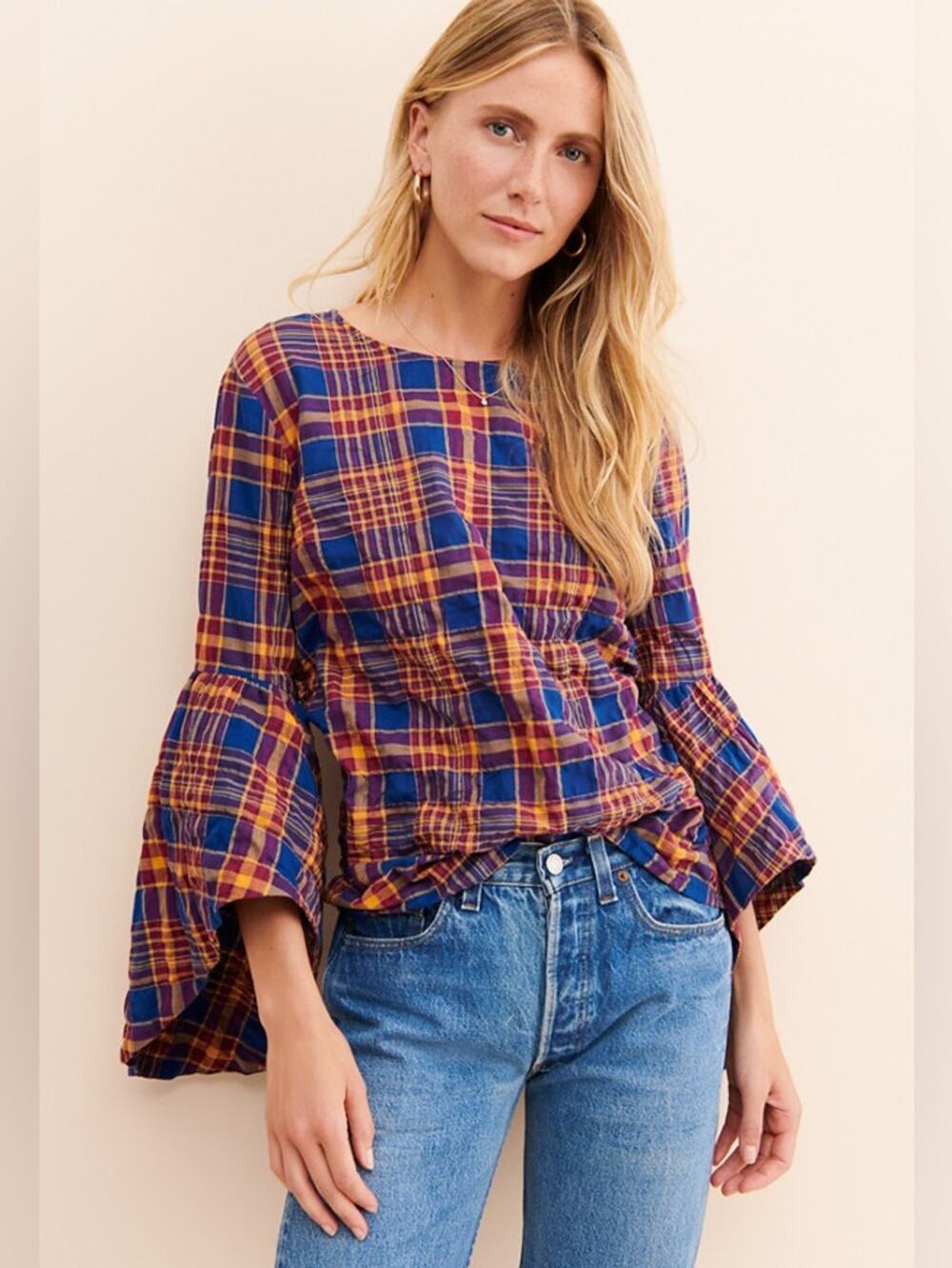 English Factory Plaid Oyster Sleeve Top size Medium